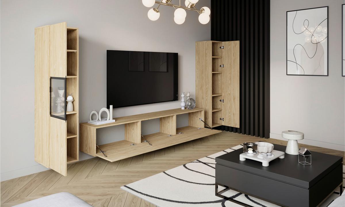 Wohnwand mit LED Berlin III Eichefarben - Eichefarben/Grau, Design, Glas/Holzwerkstoff (240/130/31cm) - P & B