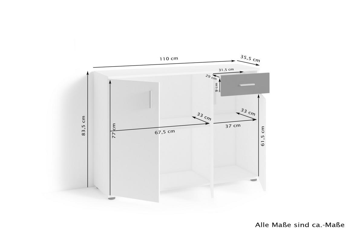 Kommode B: 110 cm Jakob Weiß/Eiche Dekor - Schwarz/Eiche Artisan, MODERN, Holzwerkstoff (110/83,5/35,5cm) - MID.YOU