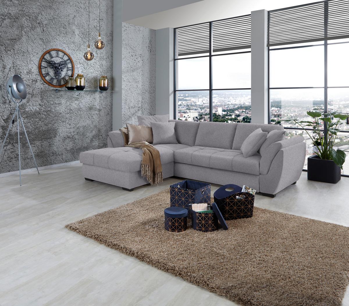 Ecksofa mit Schlaffunktion + Bettkasten Berisso Webstoff - Schwarz/Grau, Design, Textil (187/278cm) - Ondega