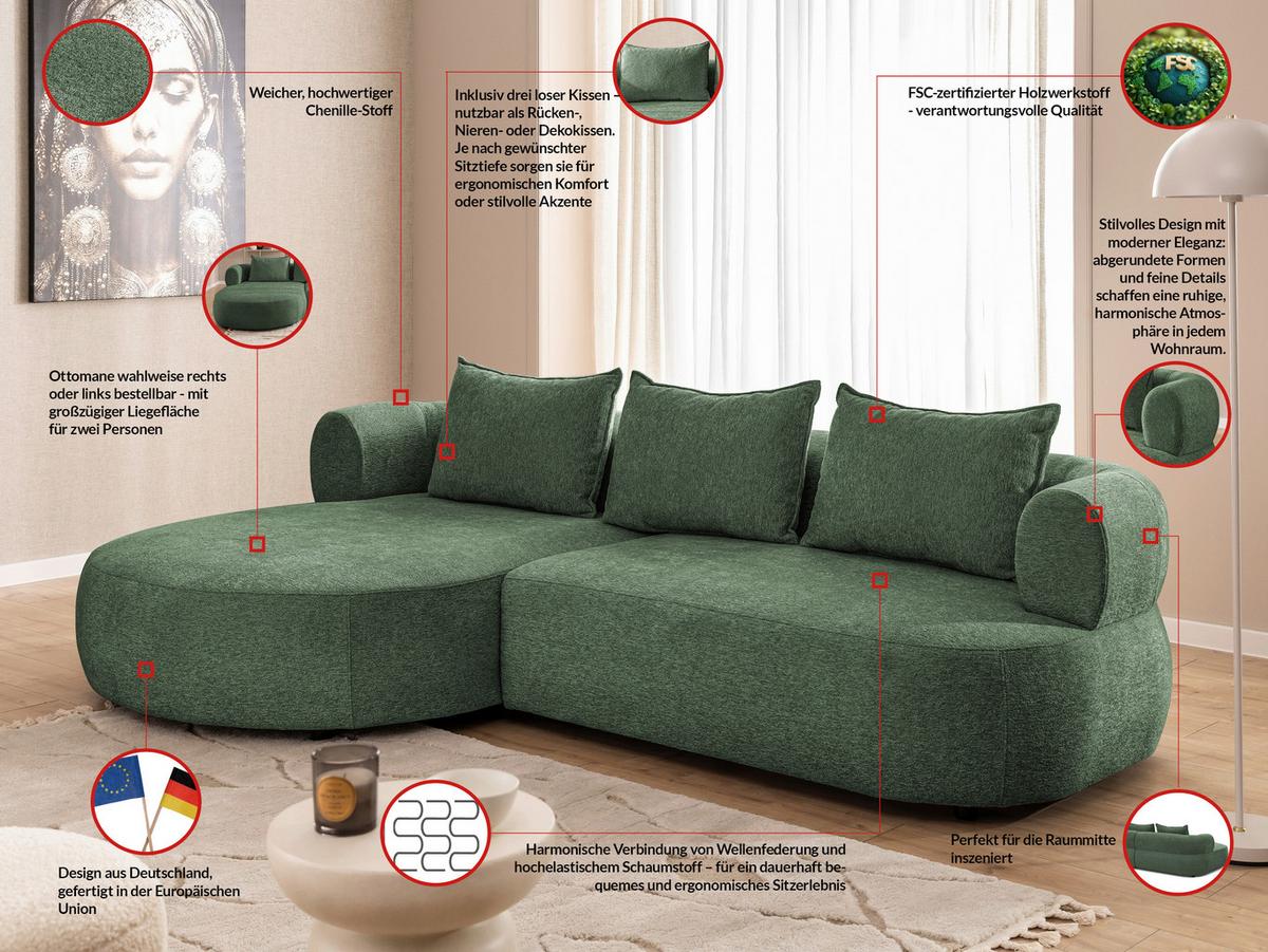 Ecksofa Ferro Grün S: 156x256 Cm - Schwarz/Grün, Design, Textil (156/256cm) - Livetastic