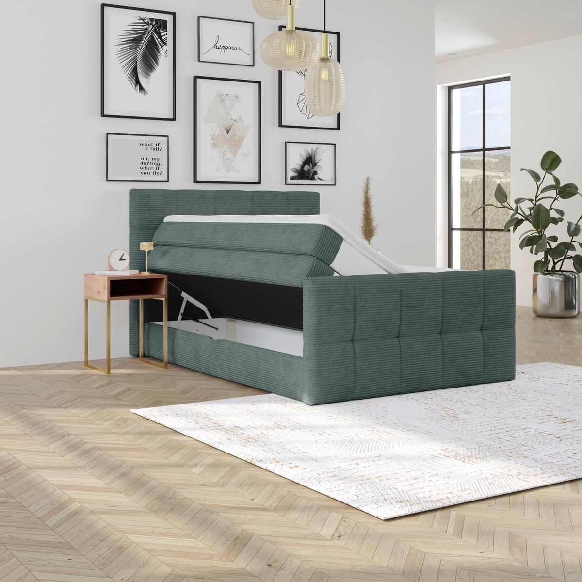Boxspringbett mit Topper und Bettkasten 140x200 Medino - Blaugrau, KONVENTIONELL, Holz/Holzwerkstoff (140/200cm)