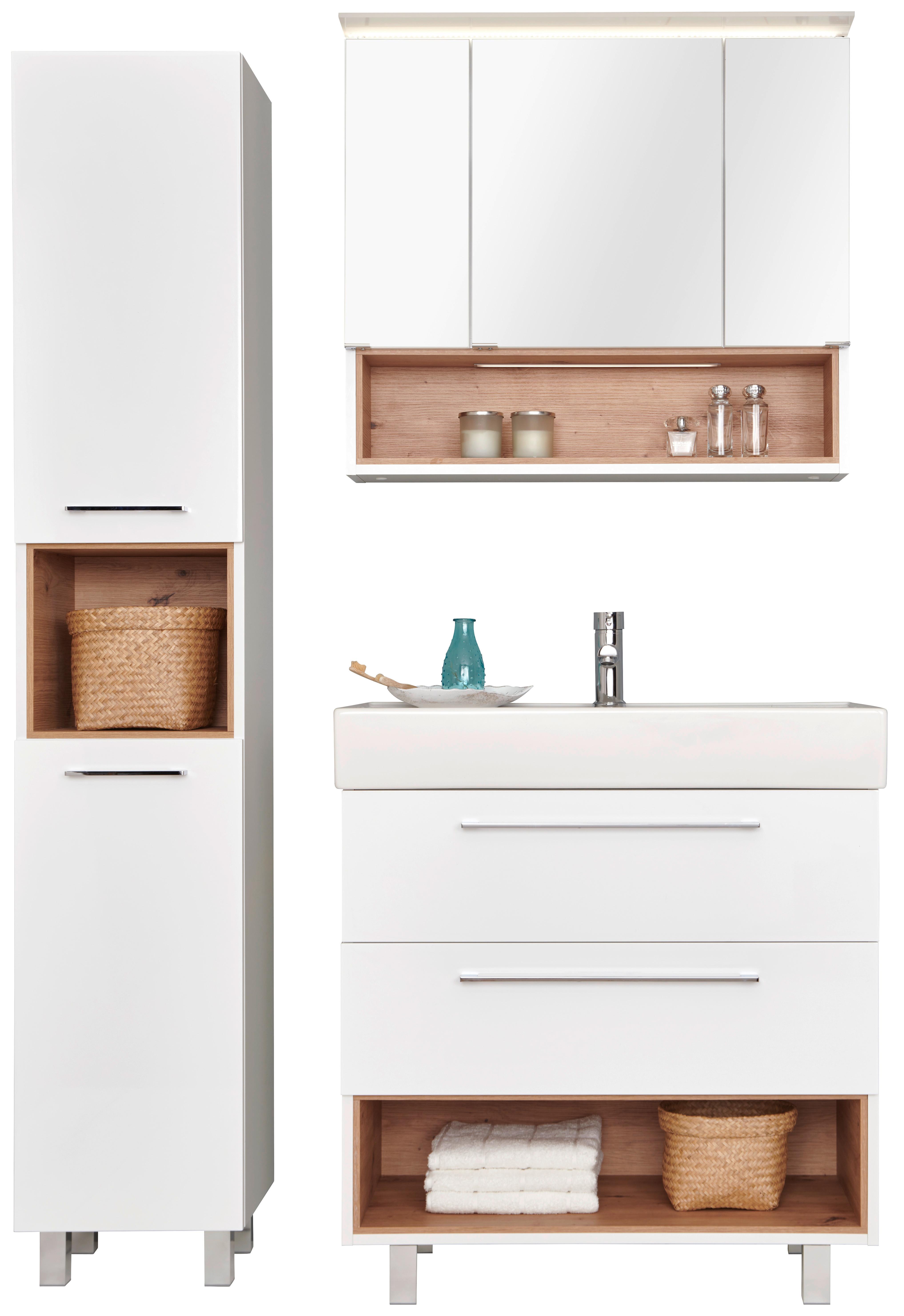 Badezimmer Mura Eiche Dekor/Weiß HG 4-Teilig - Weiß Hochglanz/Eiche Artisan, MODERN, Keramik/Holzwerkstoff (115/173,5/46,5cm)