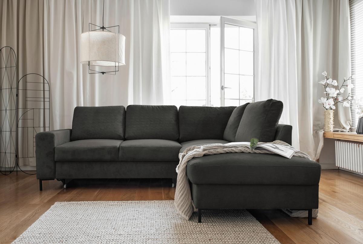 Sedačka LEONIE L, pravá, sivý menčester - čierna/sivá, Design, kov/drevo (237/197cm)