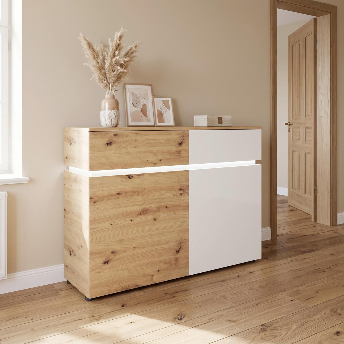 Sideboard Luci Weiß Eiche Artisan/Weiß B: 120,4 cm - Weiß/Eiche Artisan, Trend, Holzwerkstoff (120,4/90,1/40cm) - MID.YOU
