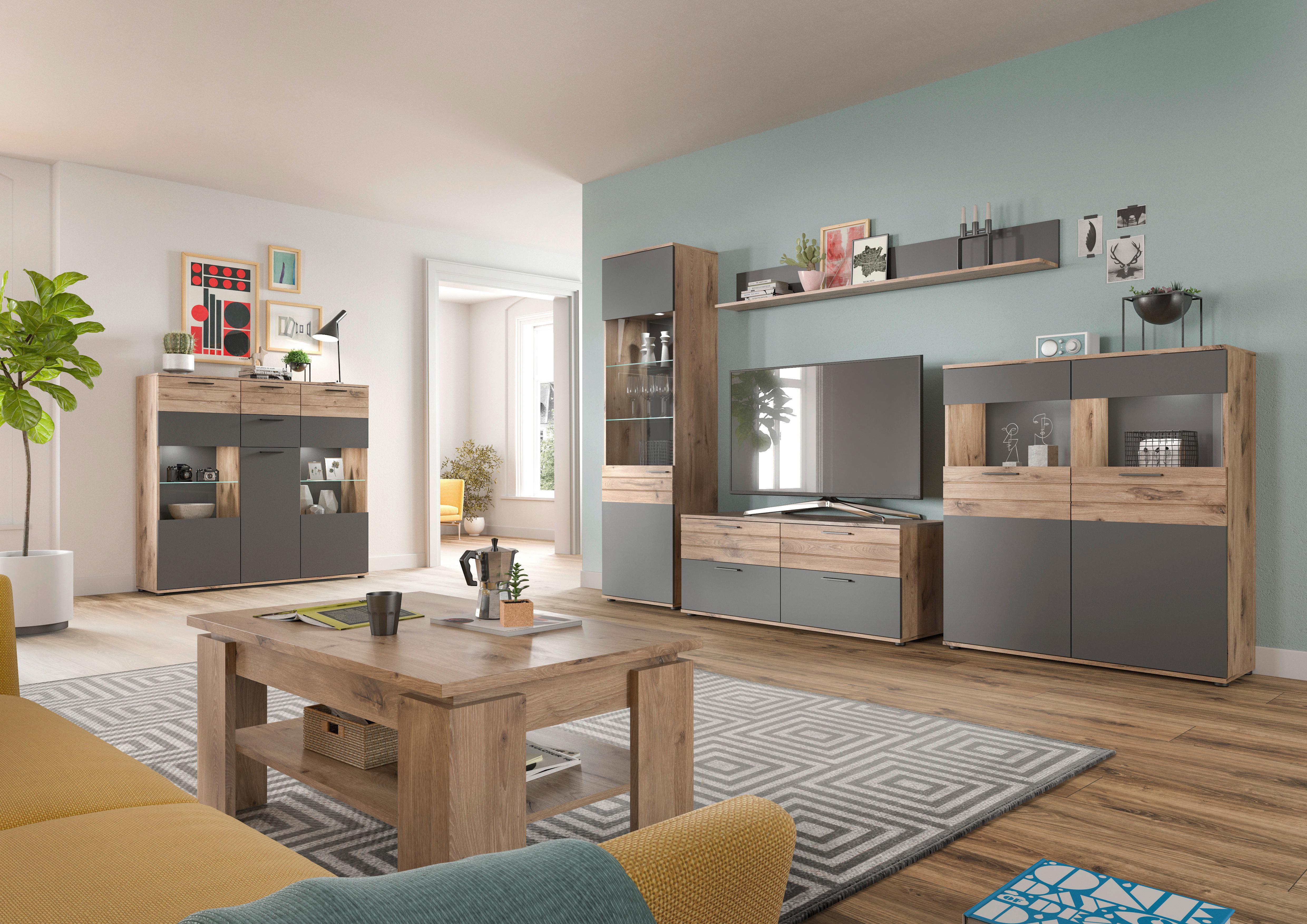 Highboard Mason Grau B: 140 cm - Schwarz/Grau, KONVENTIONELL, Glas/Holzwerkstoff (140/134/37cm) - MID.YOU