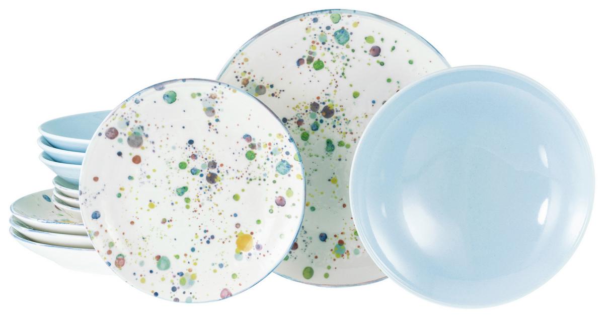 Tafelservice Candy Drop Bunt Weiß, Hellblau 12--Teilig - Weiß/Hellblau, Basics, Keramik - Creatable