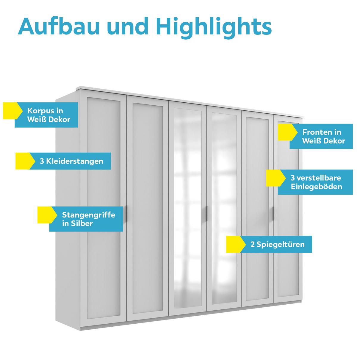 Drehtürenschrank Mit Spiegel 270cm Nadja, Weiß - Weiß, KONVENTIONELL, Glas/Holzwerkstoff (270/210/58cm) - MID.YOU