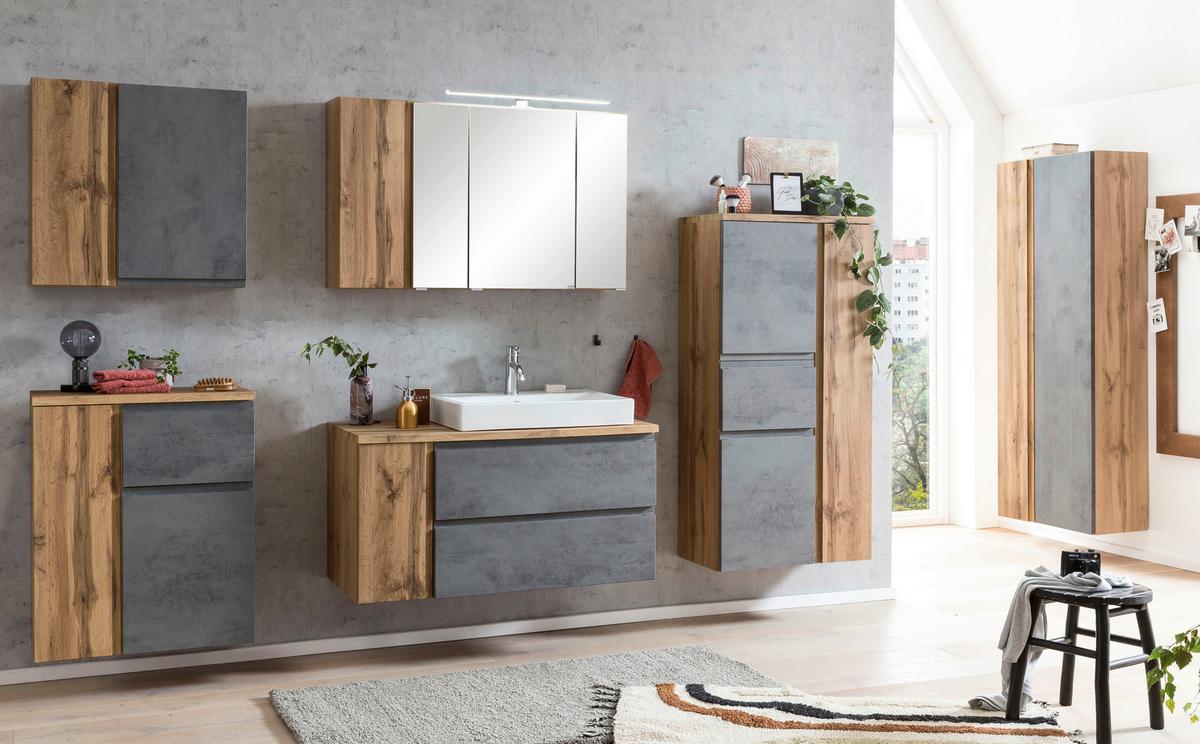 Badezimmer Hochschrank Varese BxH 65x180cm Grau/ Eiche Dekor - Eiche Wotan/Hellgrau, MODERN, Holzwerkstoff (65/180/35cm) - Held