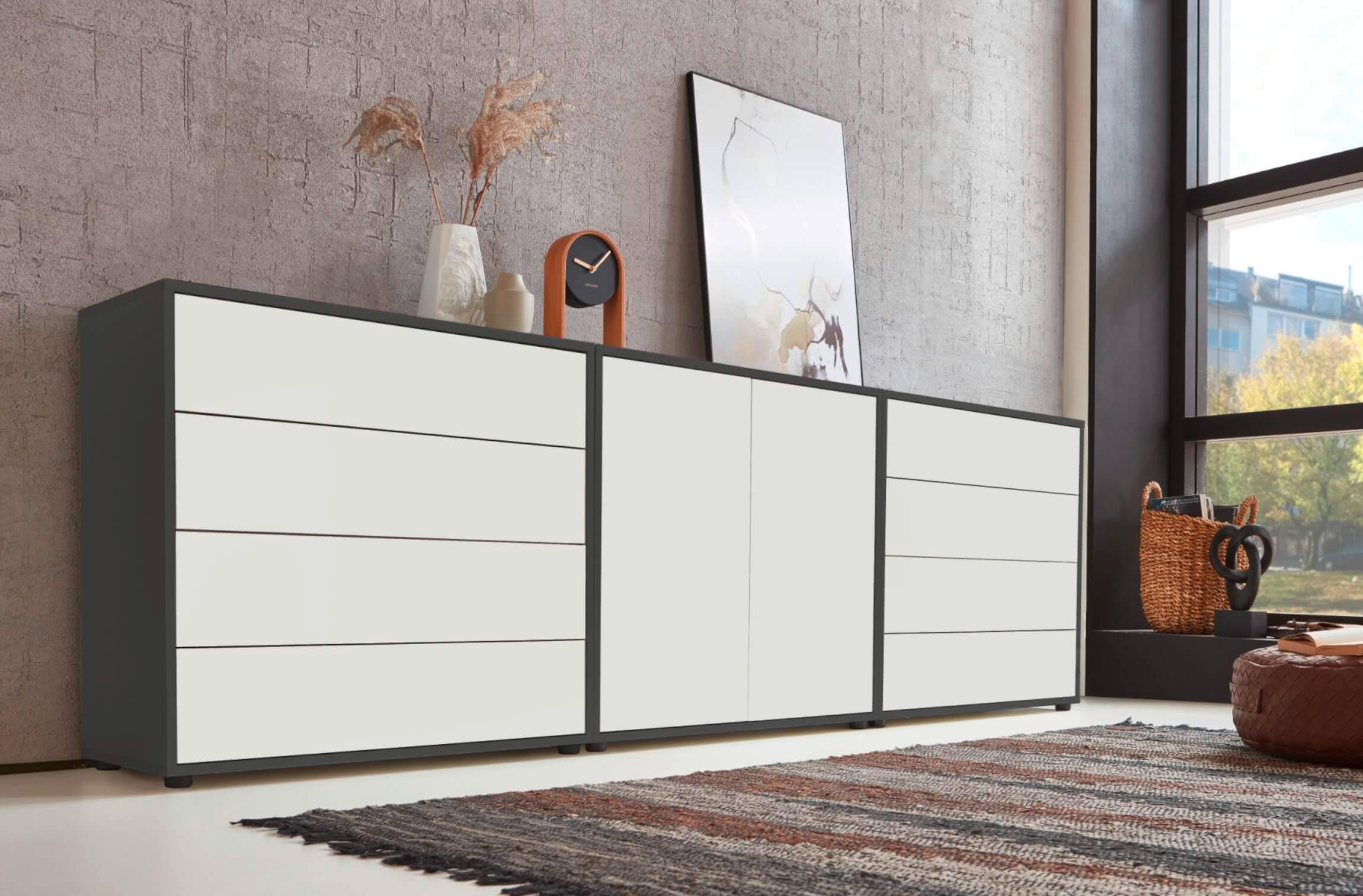 Sideboard Mailand4b:237cmweiß/Anthrazit - Anthrazit/Schwarz, MODERN, Holzwerkstoff (237/73/33cm) - MID.YOU