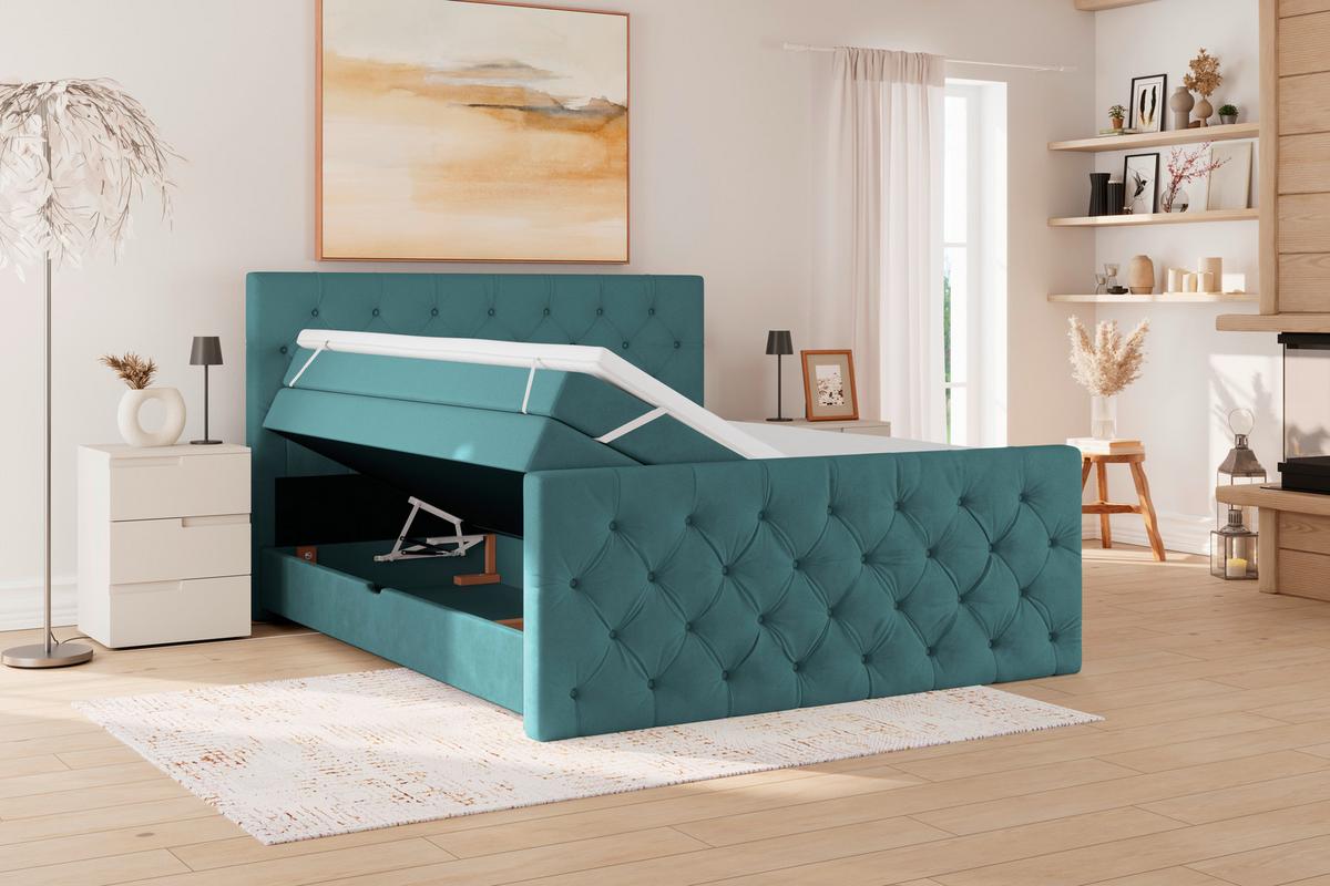 Boxspringbett Elio Petrol 180x200 Cm H3/4 - Beige/Petrol, ROMANTIK / LANDHAUS, Textil (180/200cm) - James Wood