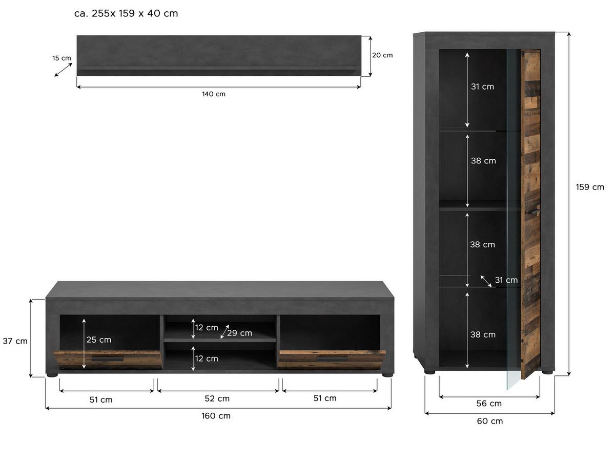 Wohnwand Jam Grau/Naturfarben B: 159 cm - Schwarz/Naturfarben, Design, Glas/Holzwerkstoff (159/235/35cm) - MID.YOU
