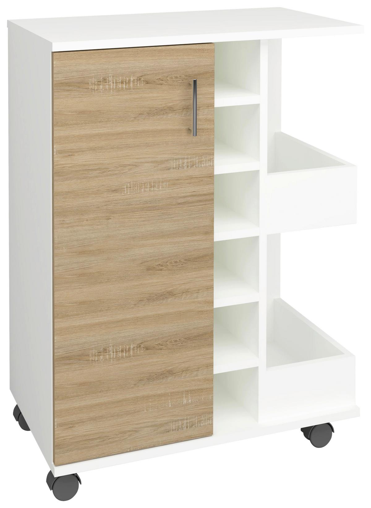 Servierwagen Esilo Weiß, Eiche Dekor B: 63 cm - Weiß/Sonoma Eiche, Design, Holzwerkstoff/Kunststoff (63/85/40cm) - MID.YOU
