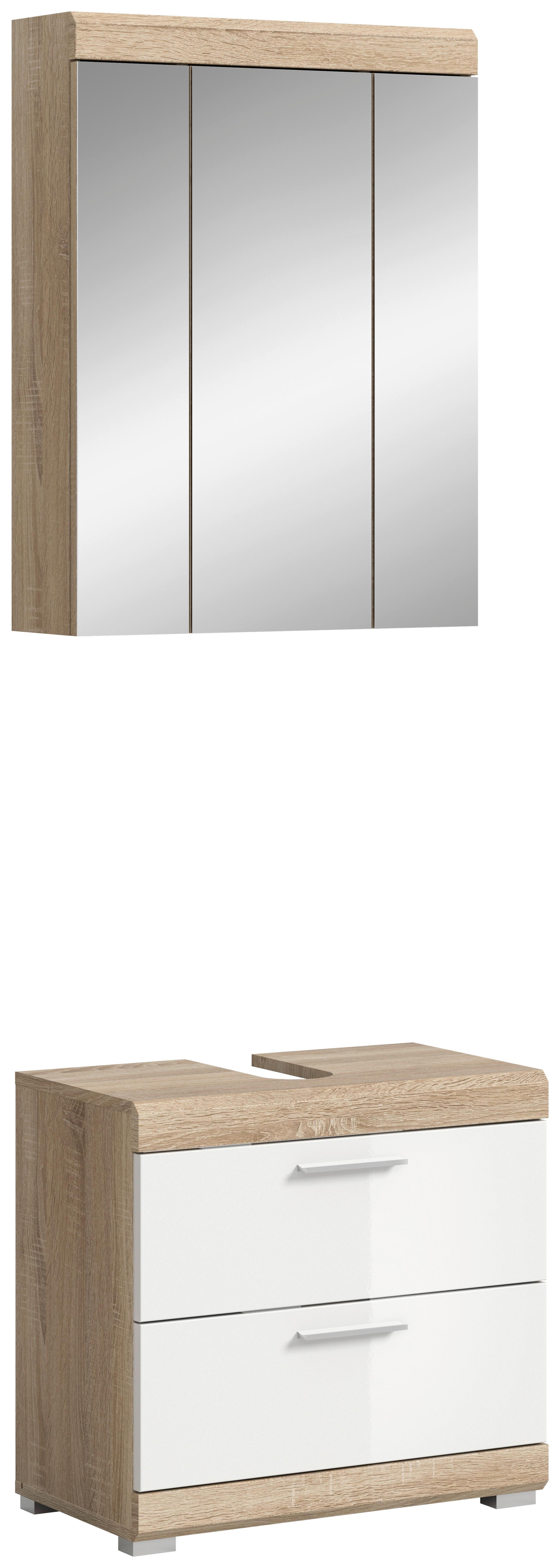 Badezimmer Lambada Eiche Dekor/weiß B: 60 Cm - Weiß Hochglanz/Silberfarben, MODERN, Holzwerkstoff (60cm) - MID.YOU