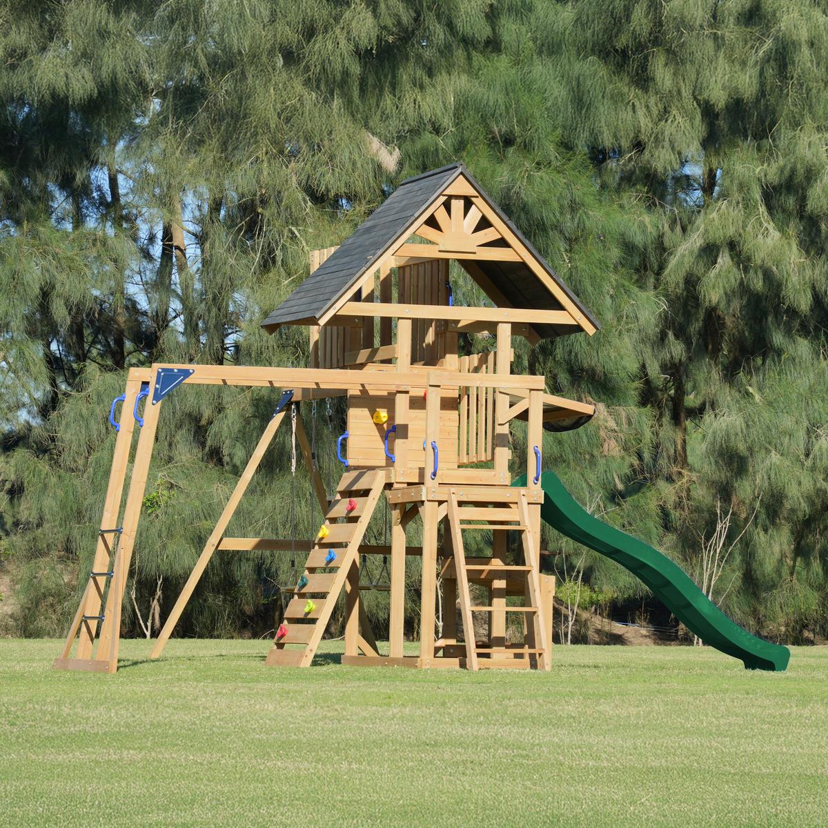 Spielturm Mit Rutsche Grün - Dunkelgrün/Anthrazit, Basics, Holz/Kunststoff (482/500/338cm) - Ambia Garden