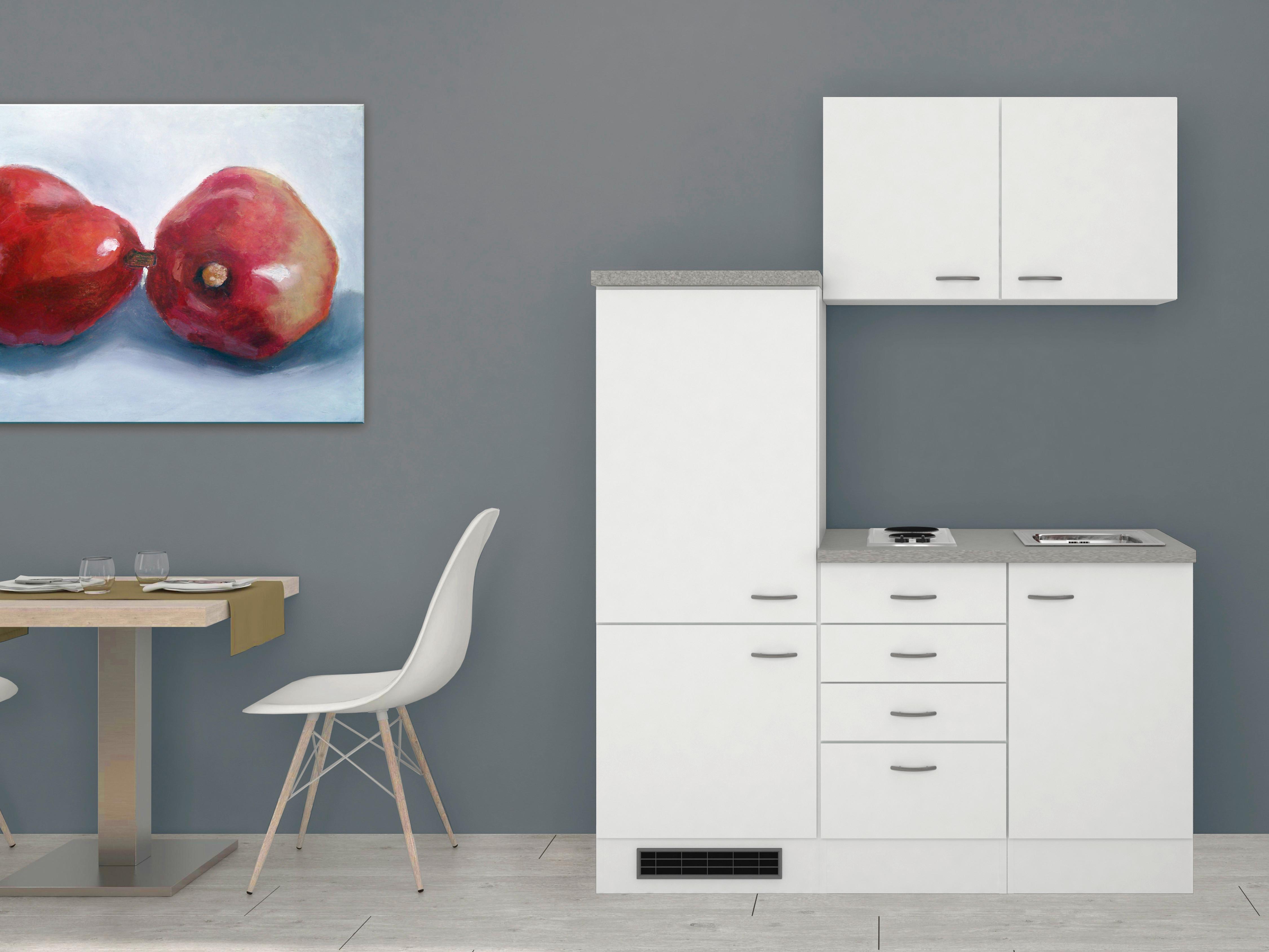 Miniküche mit Kühlschrank + Kochfeld 160cm Weiß/Grau Dekor - Weiß/Grau, MODERN, Holzwerkstoff (160cm) - FlexWell