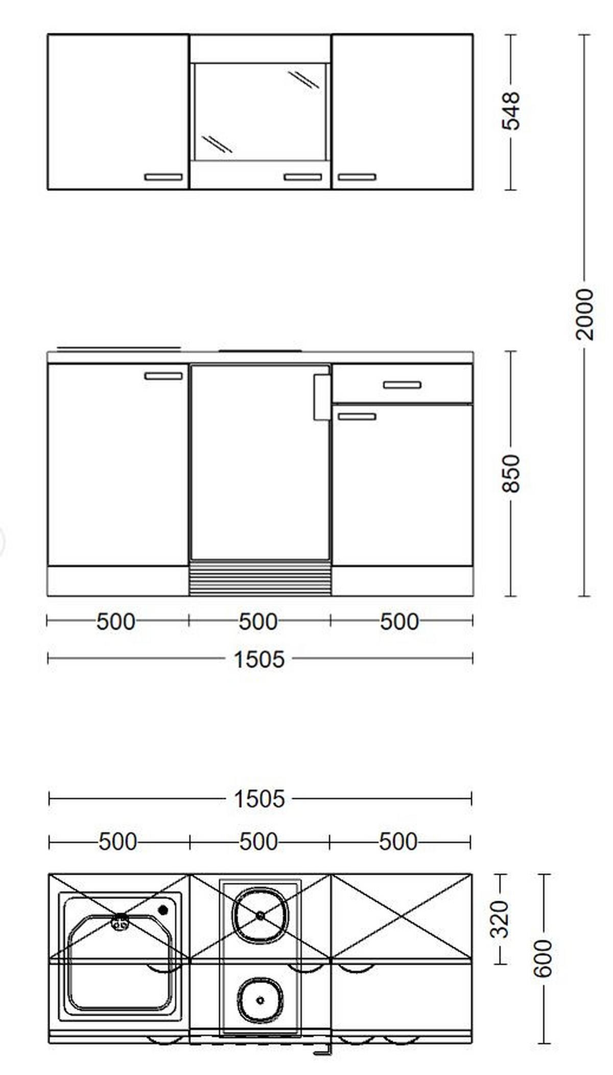 Minikuchyňa SHADOW vrátane spotrebičov a drezu - sivá/dub San Remo, Modern, kov/kompozitné drevo (150,5/209/60cm)
