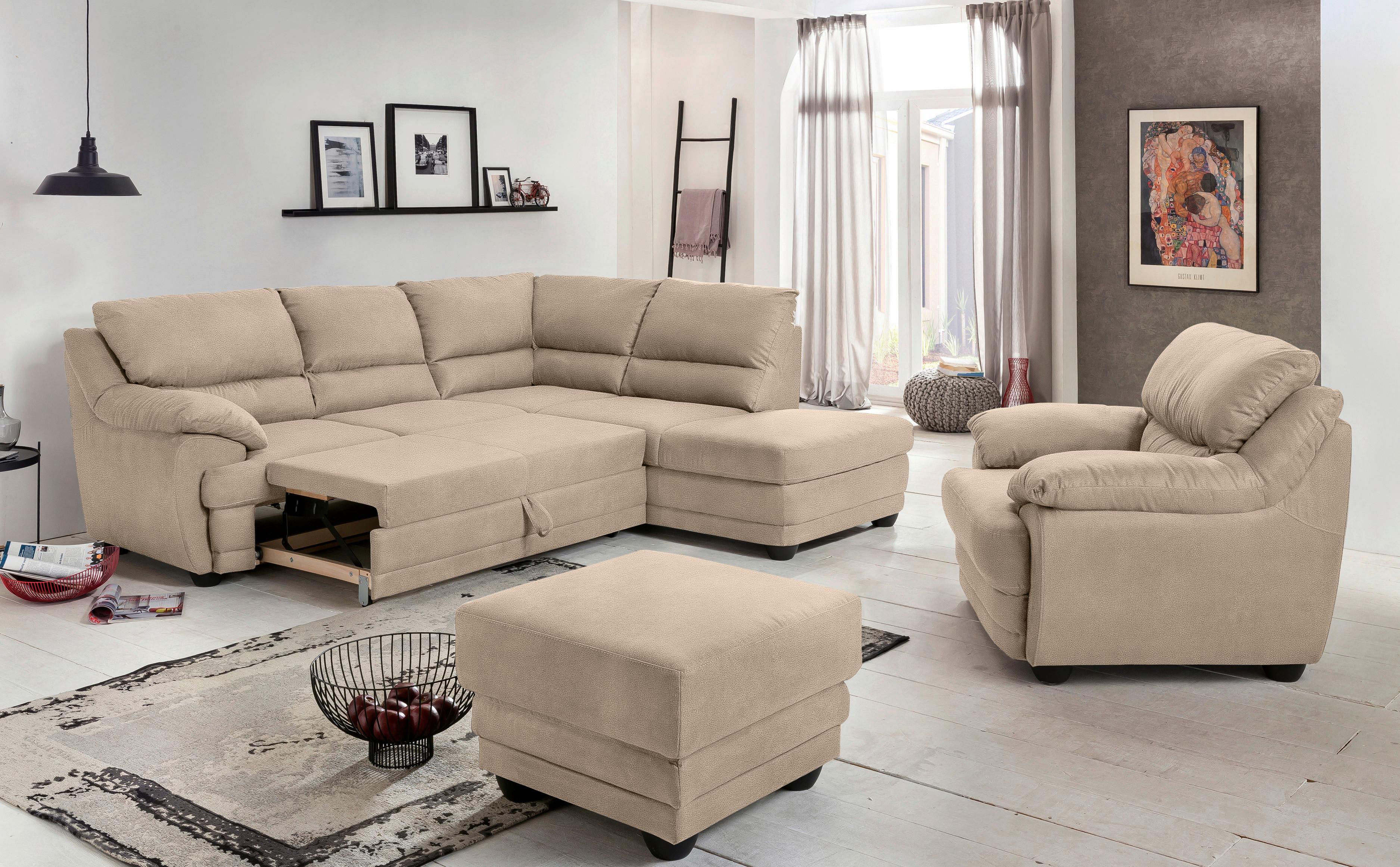Ecksofa mit Schlaffunktion Nebolo Sandfarben S. 246x225cm - Sandfarben/Schwarz, Design, Textil (246/225cm) - Livetastic