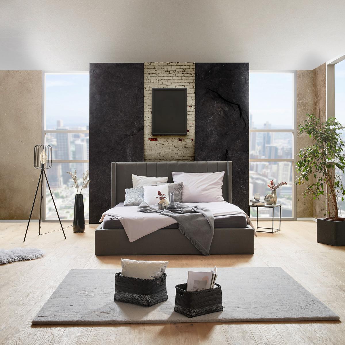 Čalouněná postel s vysokým čelem NICI, 180x200, šedá - černá/tmavě šedá, Moderní, kov/dřevo (180/200cm) - Livetastic