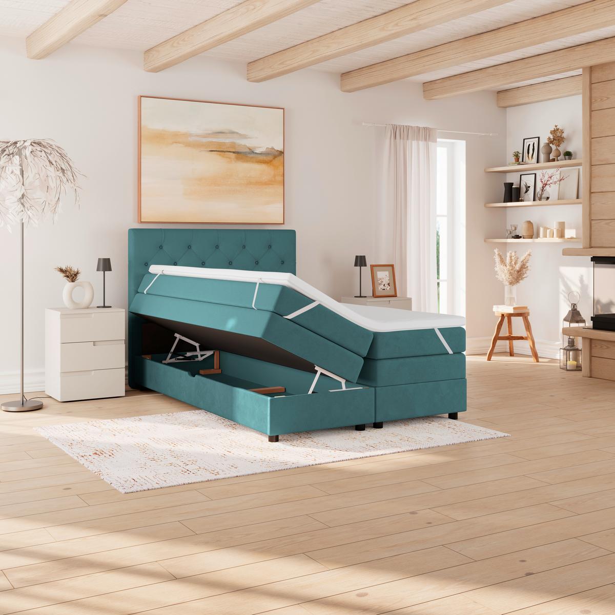 Boxspringbett Elio Petrol 140x200 Cm H3/h4 - Petrol/Schwarz, ROMANTIK / LANDHAUS, Textil (144/121/212cm) - James Wood