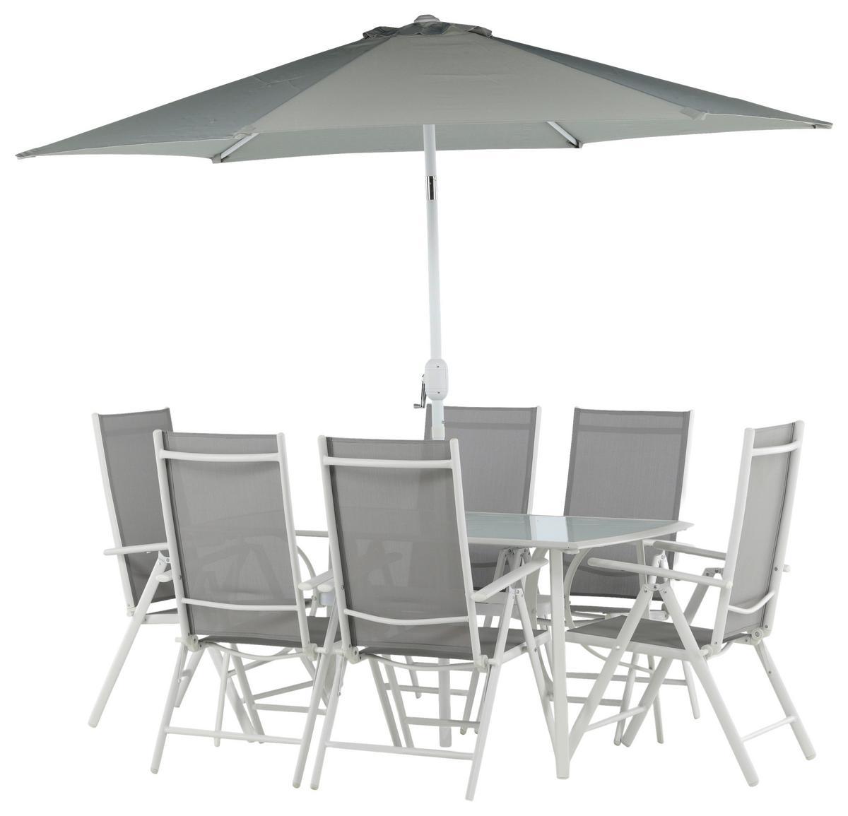 Gartentischgruppe 8-tlg Brekki Aus Aluminium Mit Schirm - Weiß, KONVENTIONELL, Glas/Metall - Gardenson