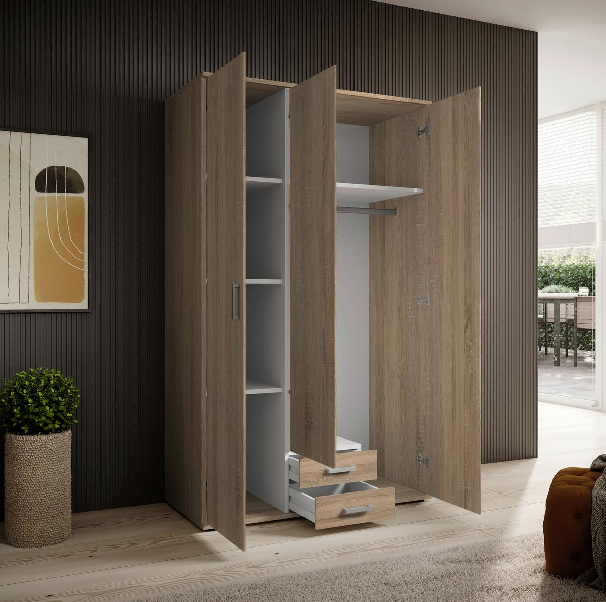 Drehtürenschrank Mit 2 Laden 120cm Paul,sonomaeiche 3-Türig - Sonoma Eiche, Basics, Glas/Holzwerkstoff (120/196/54cm)