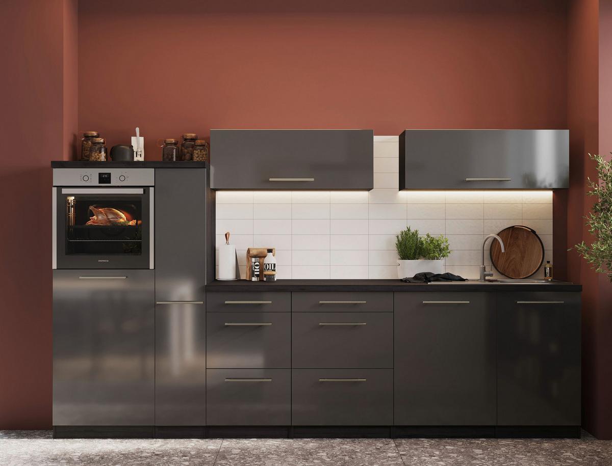 Küchenzeile Premium Mit Geräte 310 Cm Grau Mit Kochinsel - Grau, Basics, Holzwerkstoff (310/160cm) - Respekta