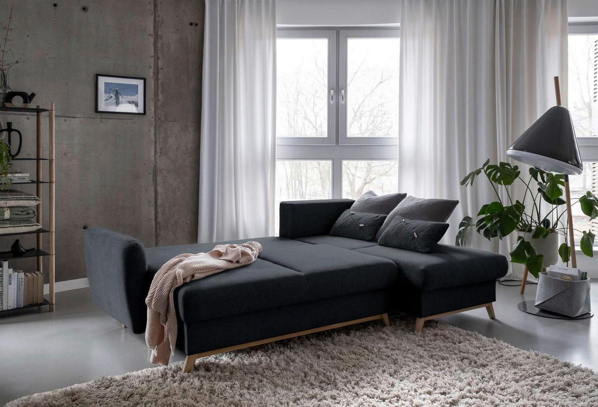 Sedačka LUCILE S, pravá, tm.sivá, úl.priestor a lôžko - prírodná farba/tmavosivá, drevo/textil (235/157cm) - MID.YOU