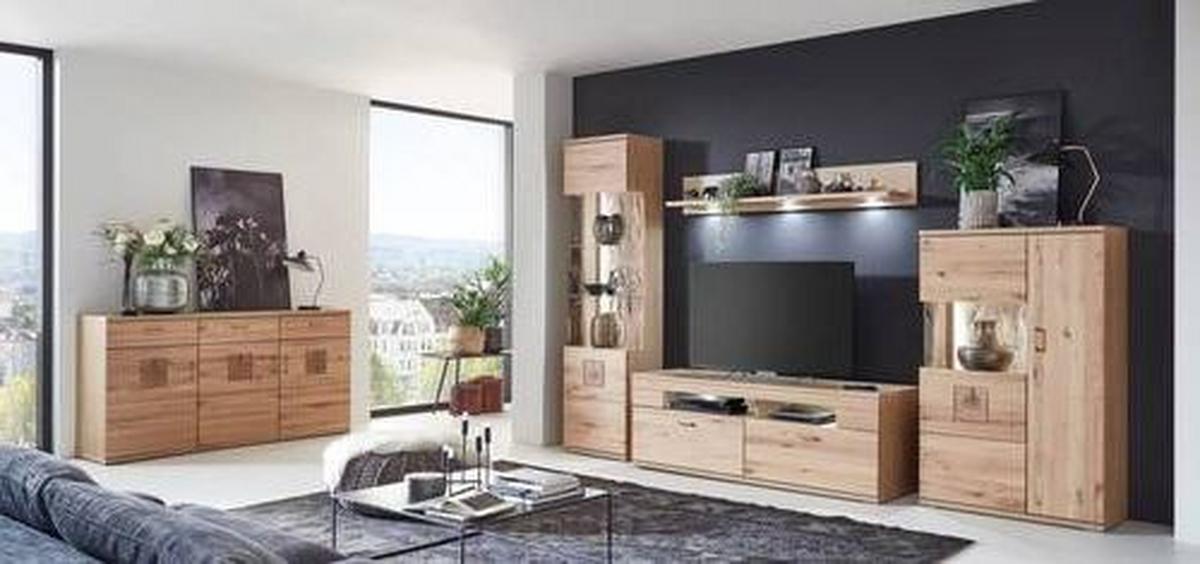 Wohnwand Kansas - Alteiche/Silberfarben, KONVENTIONELL, Glas/Holz (330/208,3/50,2cm) - Livetastic