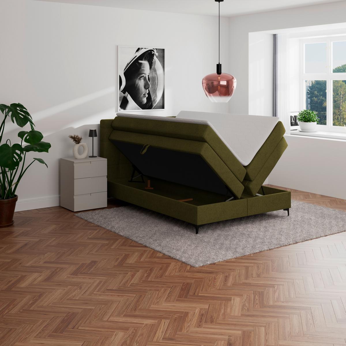 Boxspringbett MITTO Moosgrün 140x200 cm - Schwarz/Grün, KONVENTIONELL, Textil/Metall (140/200cm)