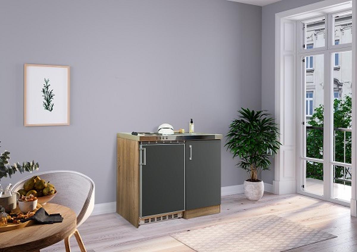 Miniküche M. Kühlschrank + Kochfeld 100 Cm Grau/eiche - Edelstahlfarben/Grau, MODERN, Holzwerkstoff/Metall (100cm) - Respekta