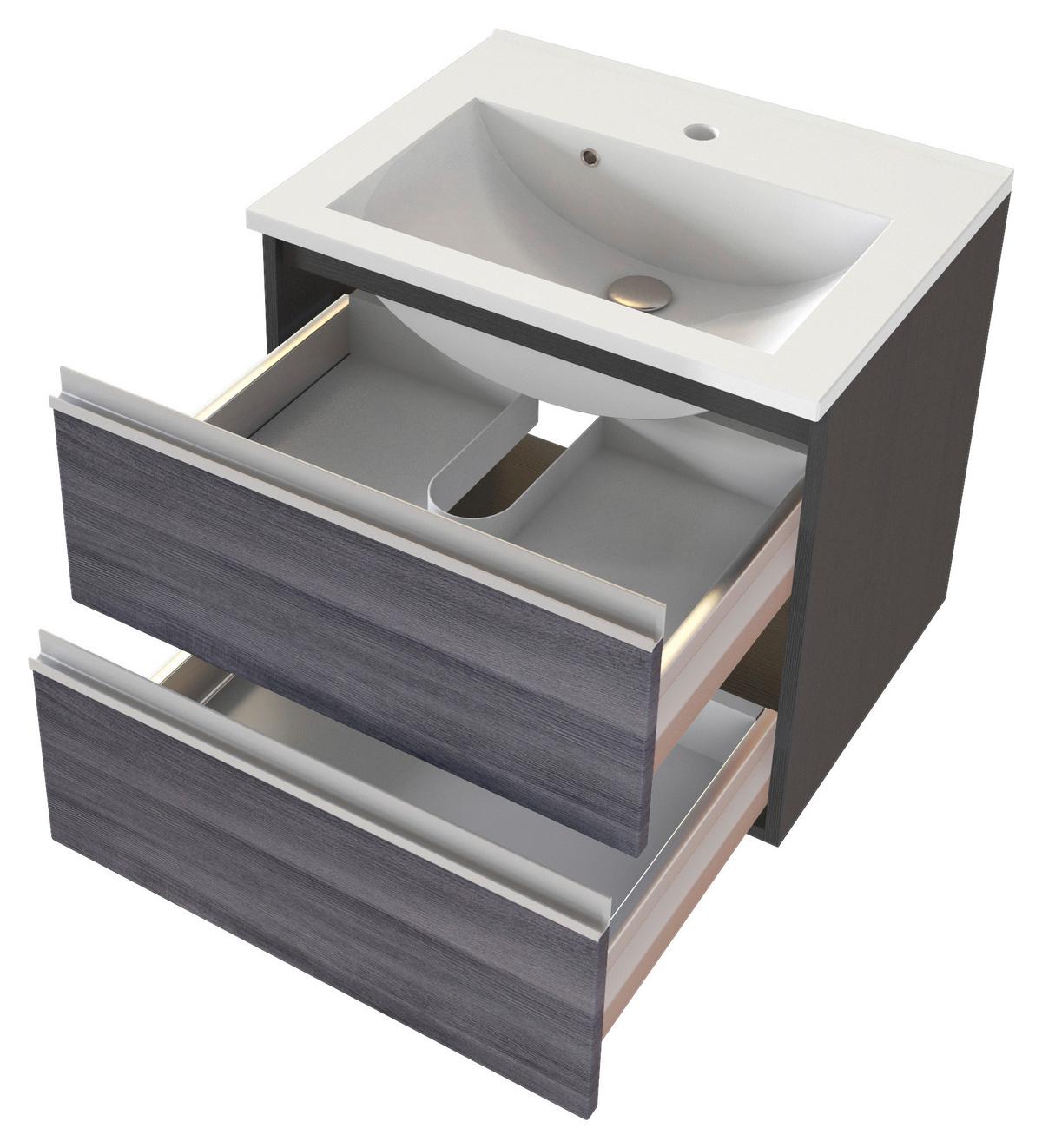 Waschbecken mit Unterschrank Arezzo B: 60cm, Eiche Dekor - Graphitfarben/Weiß, Basics, Holzwerkstoff/Stein (60cm) - Held