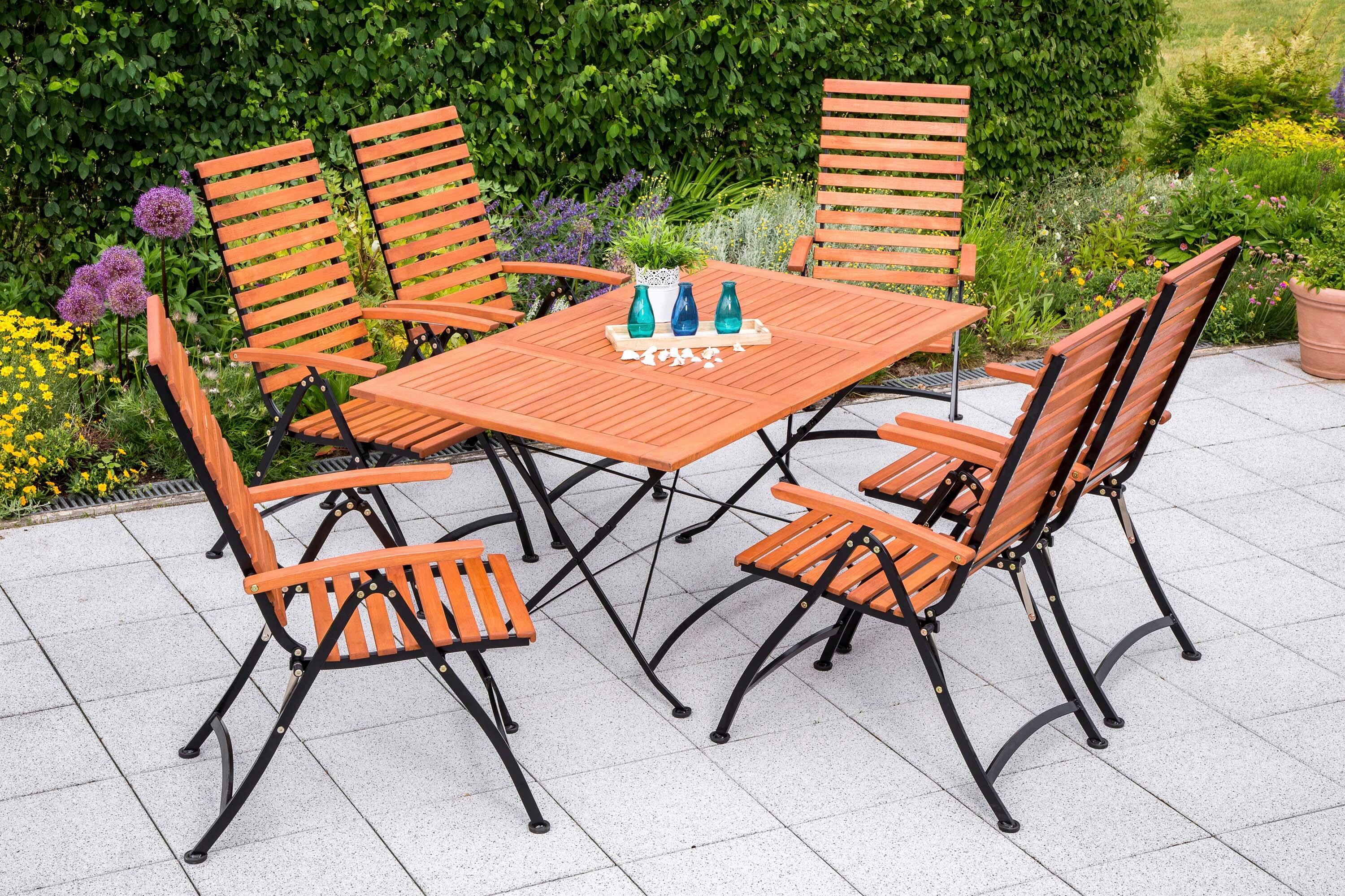 Gartentischgruppe 7tlg. Set - Schwarz/Naturfarben, KONVENTIONELL, Holz/Metall - Gardenson
