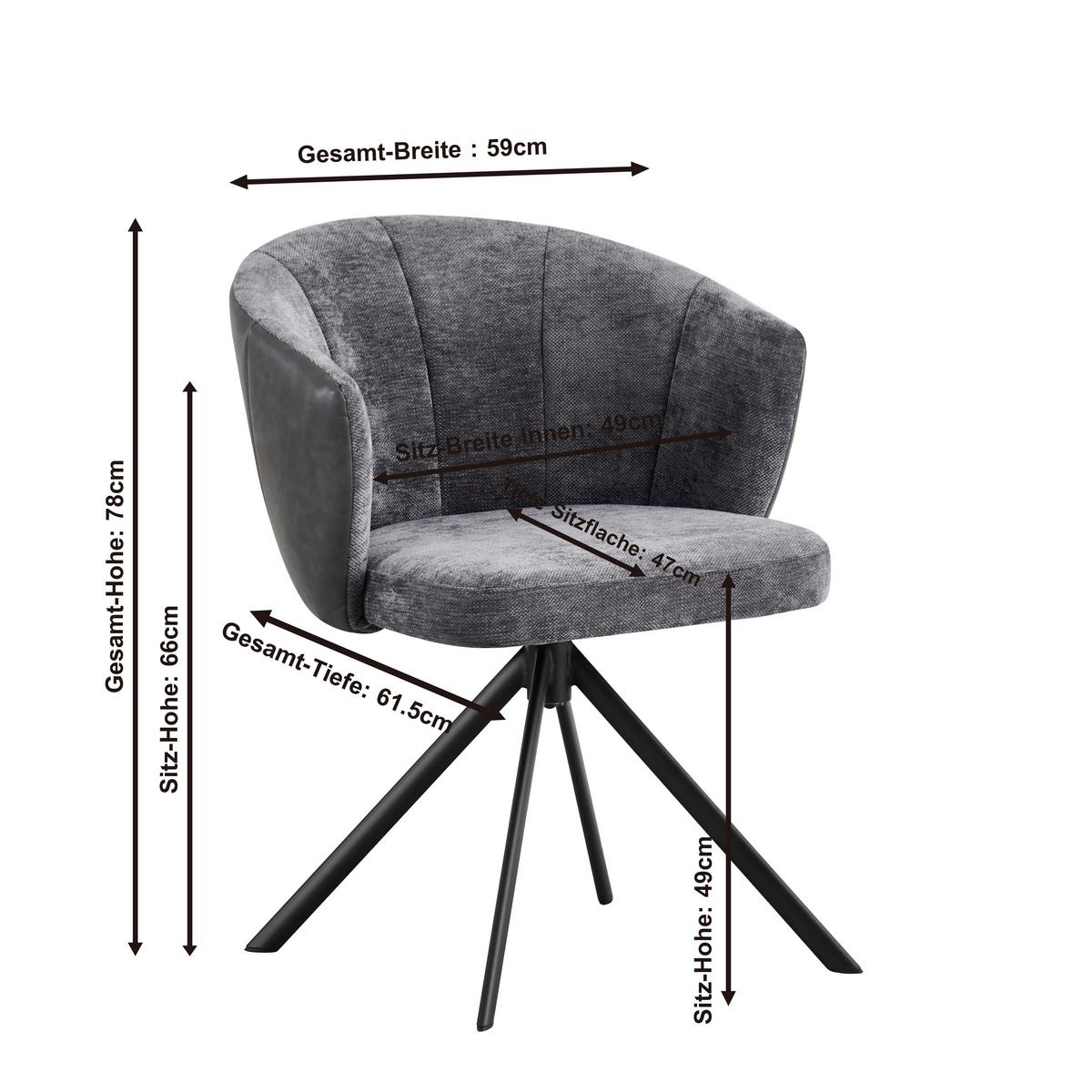 Armlehnstuhl Lara Webstoff Grau, 360° Drehbar - Schwarz/Grau, MODERN, Textil/Metall (59/78/63cm)
