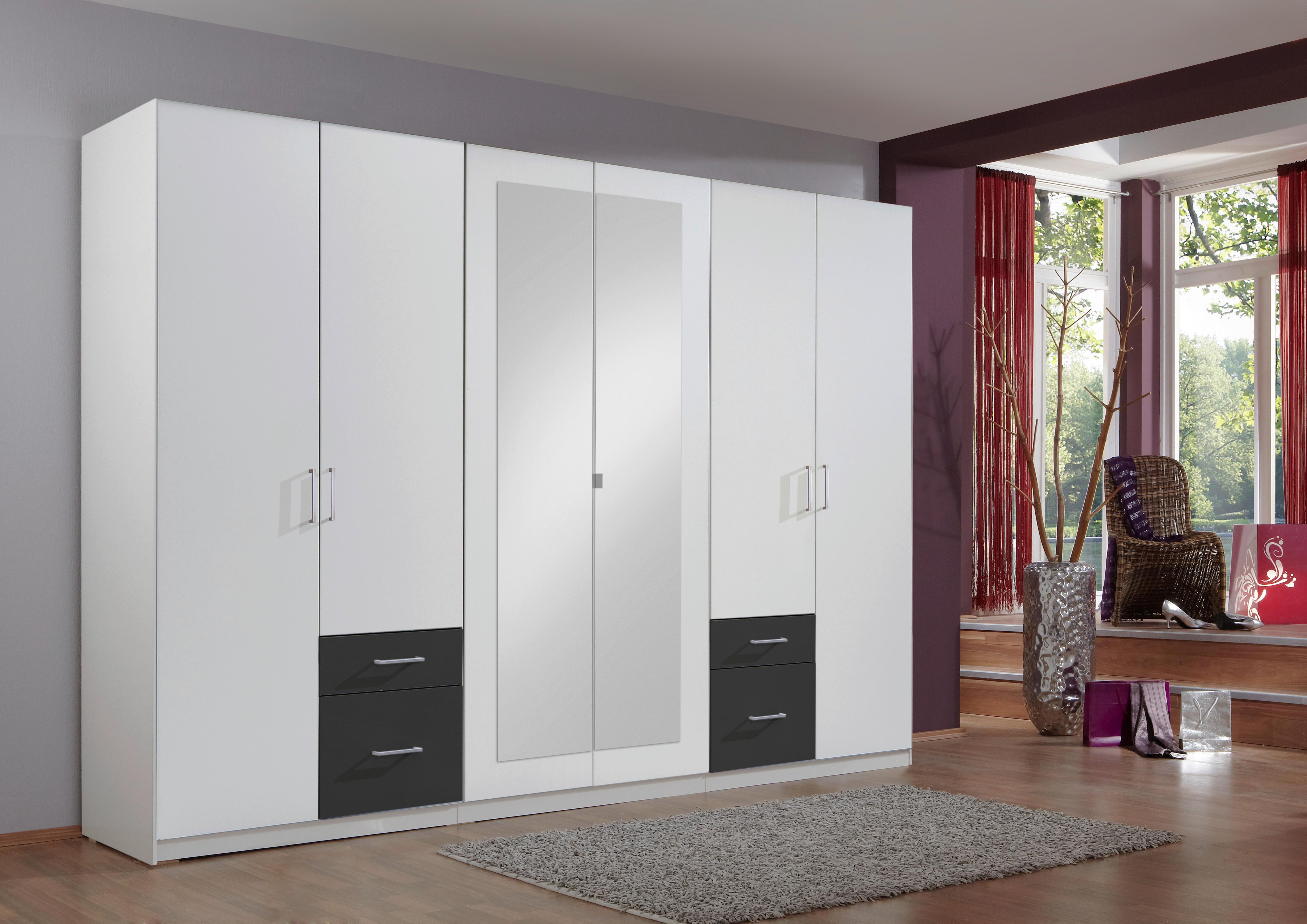 Drehtürenschrank Mit Spiegel + Laden 270cm Fly, Weiß/Graphit - Graphitfarben/Weiß, Design, Glas/Holzwerkstoff (270/210/58cm) - MID.YOU