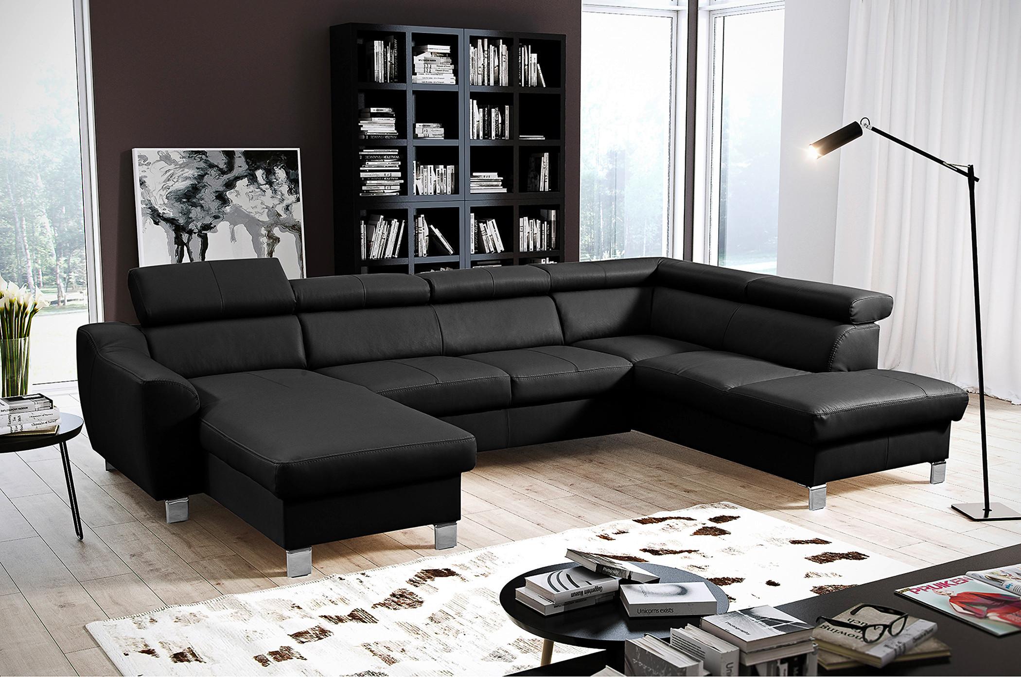 Wohnlandschaft Aspen Lederlook Schwarz 91x315x208 Cm - Chromfarben/Schwarz, Design, Leder/Textil (91/315/208cm) - Livetastic