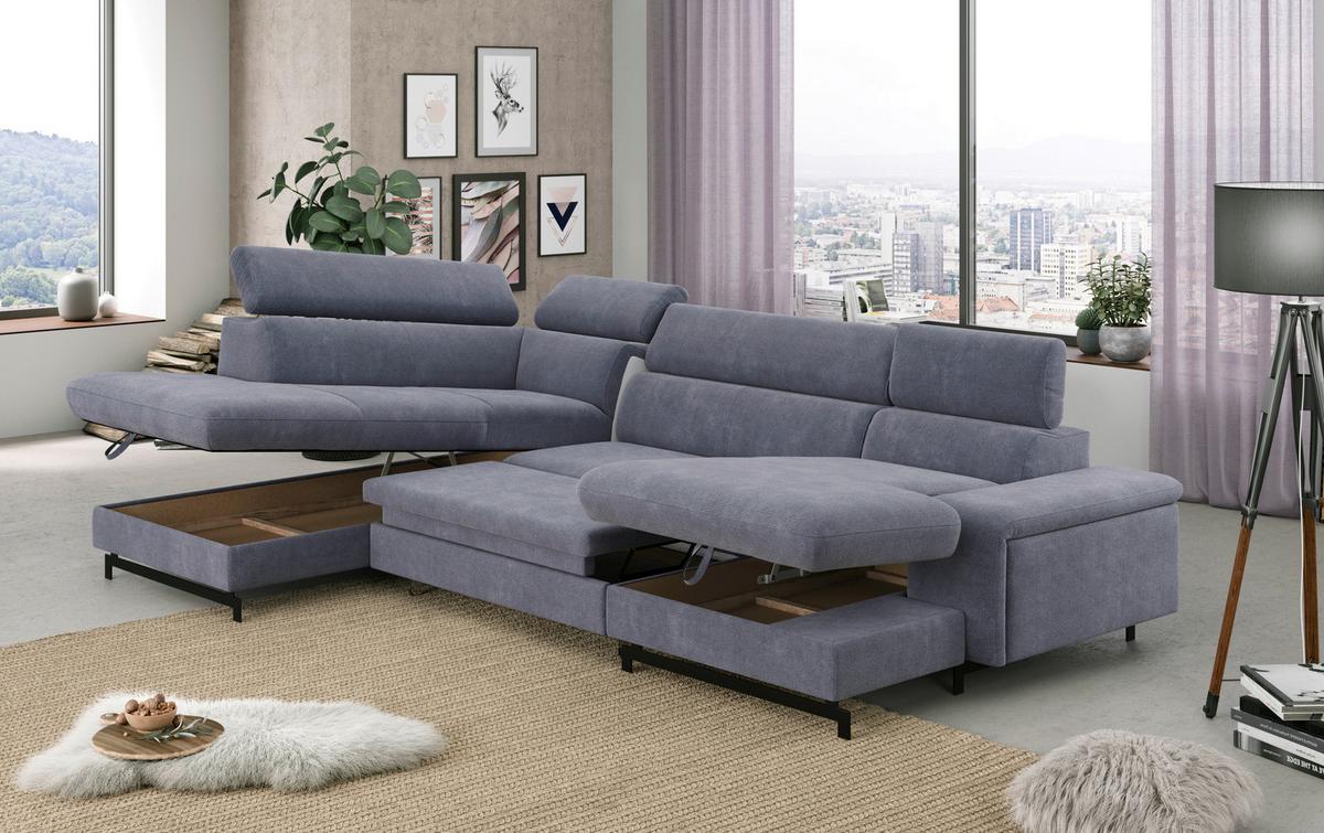 Wohnlandschaft mit Bettkasten Emma Blau - Blau/Schwarz, Textil (215/328/165cm) - MID.YOU