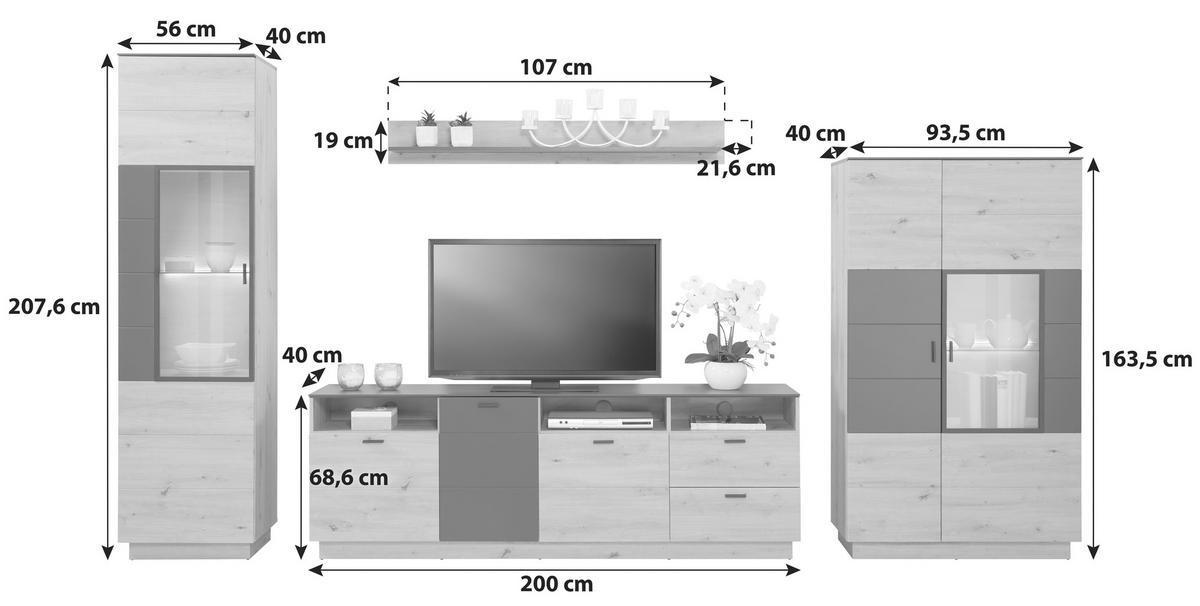 Wohnkombination Modern 4 Tlg. Tonale 7, Eiche Dekor/grau - MODERN (349,5/207,6/40cm)