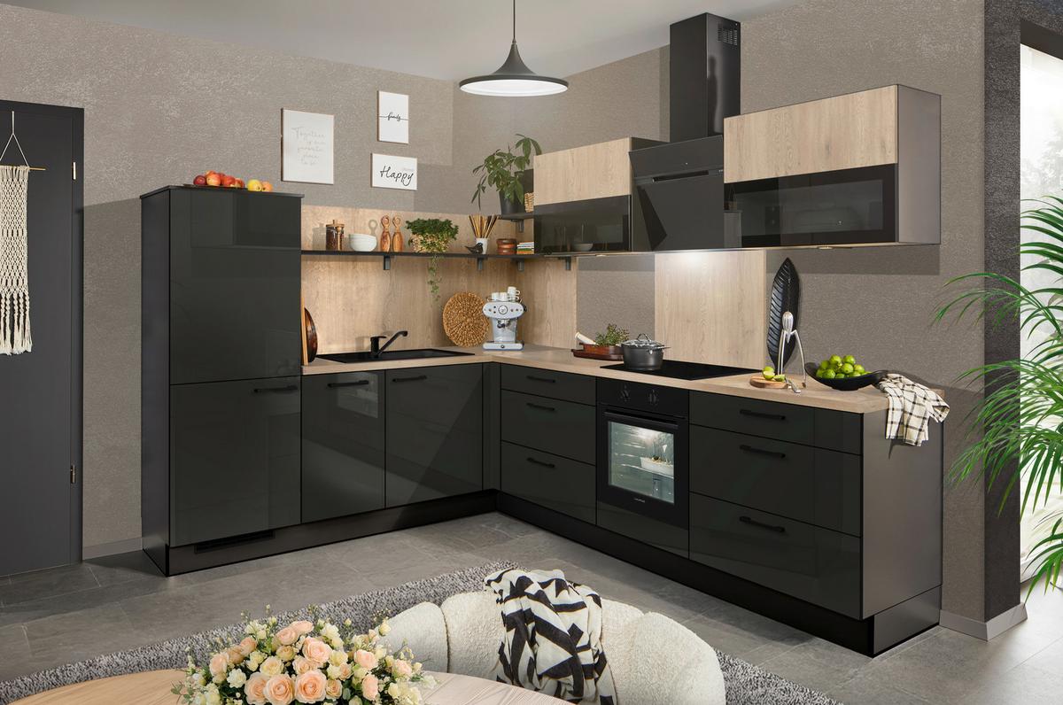 Eckküche Pn215/Pn100 - Grau Hochglanz/Eichefarben, MODERN, Holzwerkstoff (230/285cm) - Pino