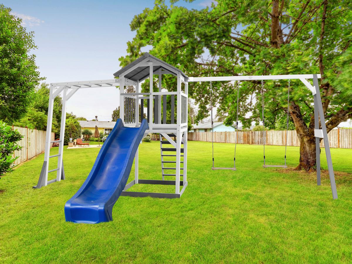 Spielhaus Climbing & Double Swing Aus Zedernholz - Blau/Weiß, Basics, Holz (519/241.9/349cm) - Ambia Garden