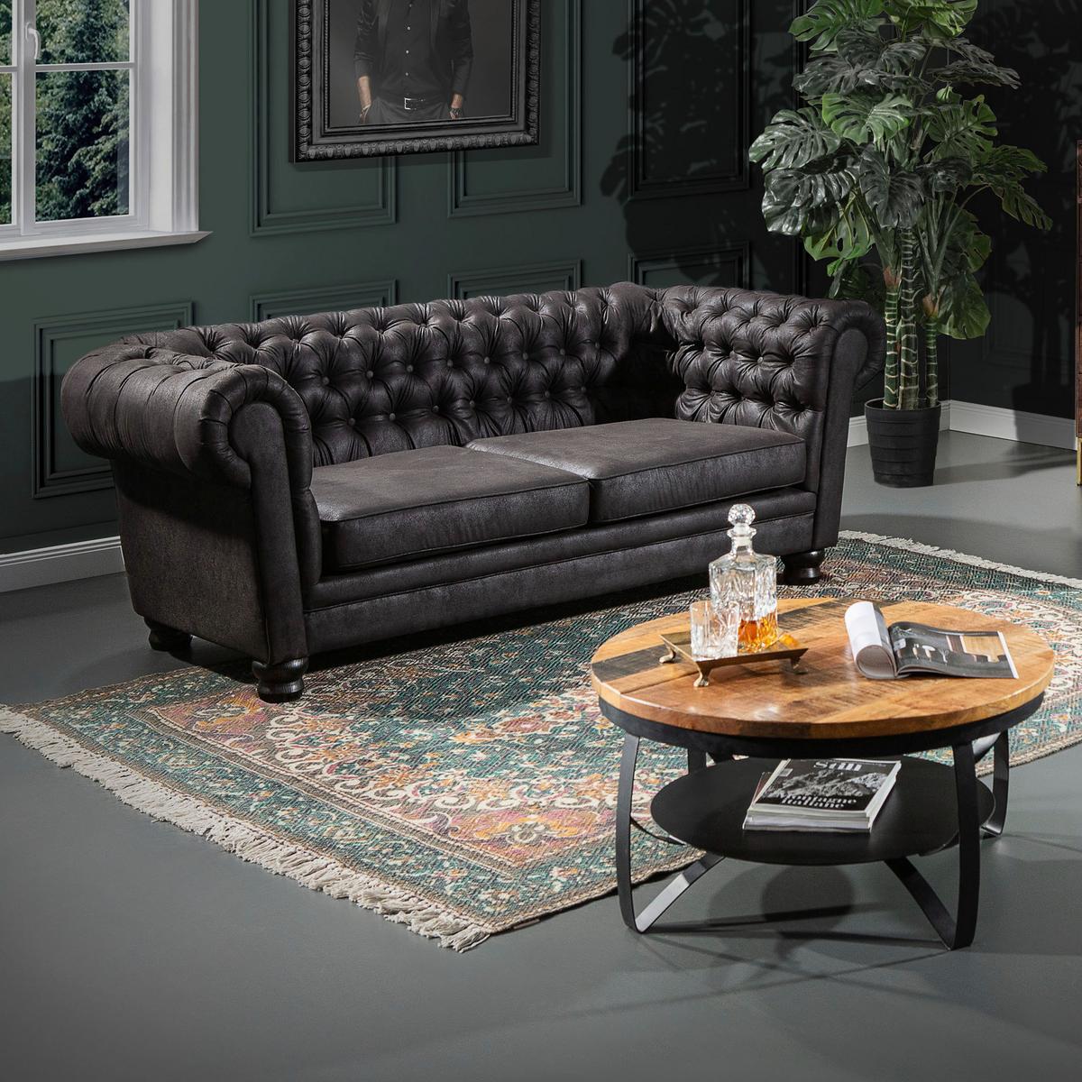 Chesterfield-Sofa Slopes Dunkelgrau 3-Sitzer - Dunkelgrau/Dunkelbraun, KONVENTIONELL, Textil (203/79/93cm) - Livetastic