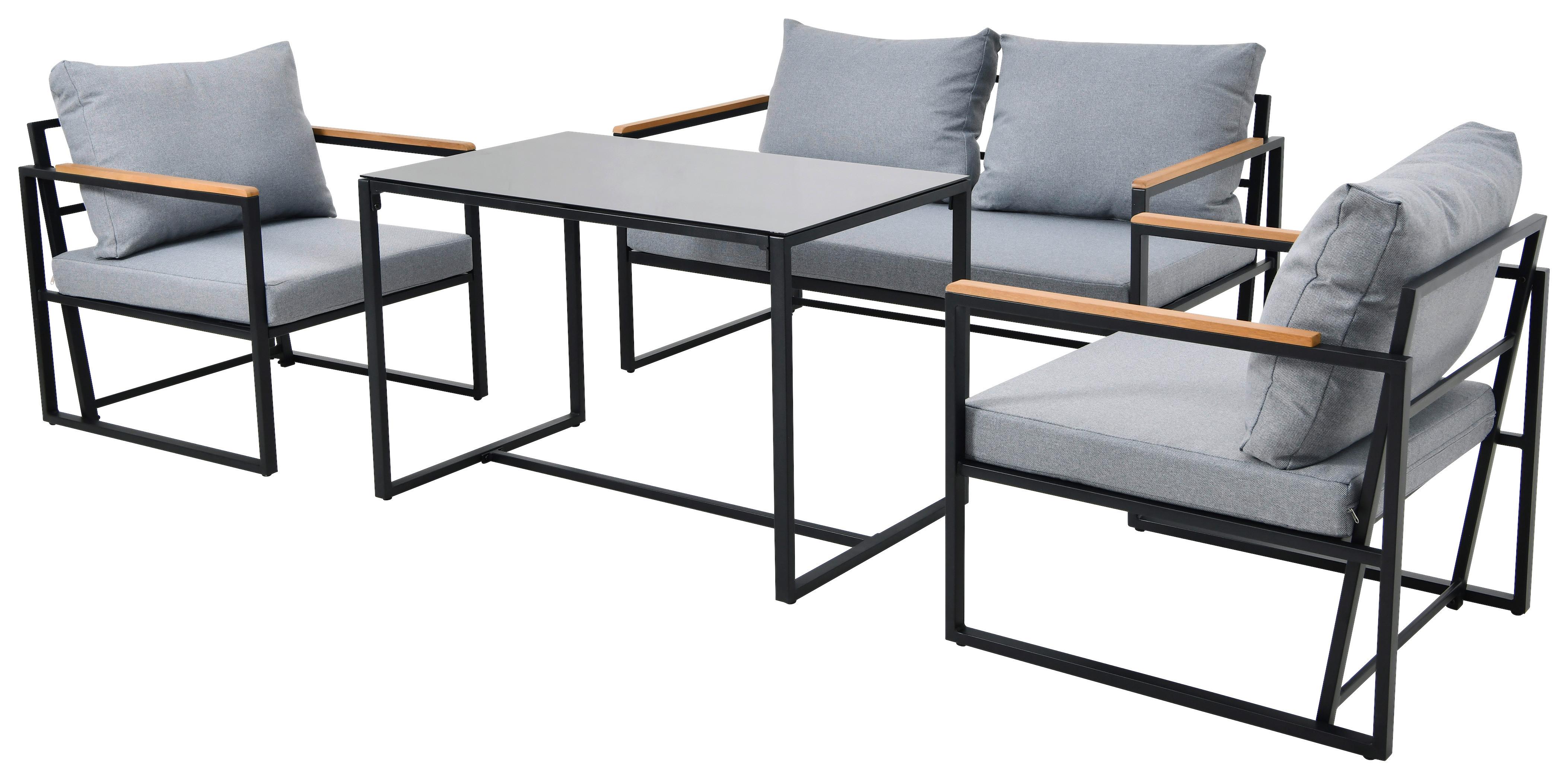 Loungegarnitur 4--Teilig. Messina Metall/Holz/Glas mit Kissen