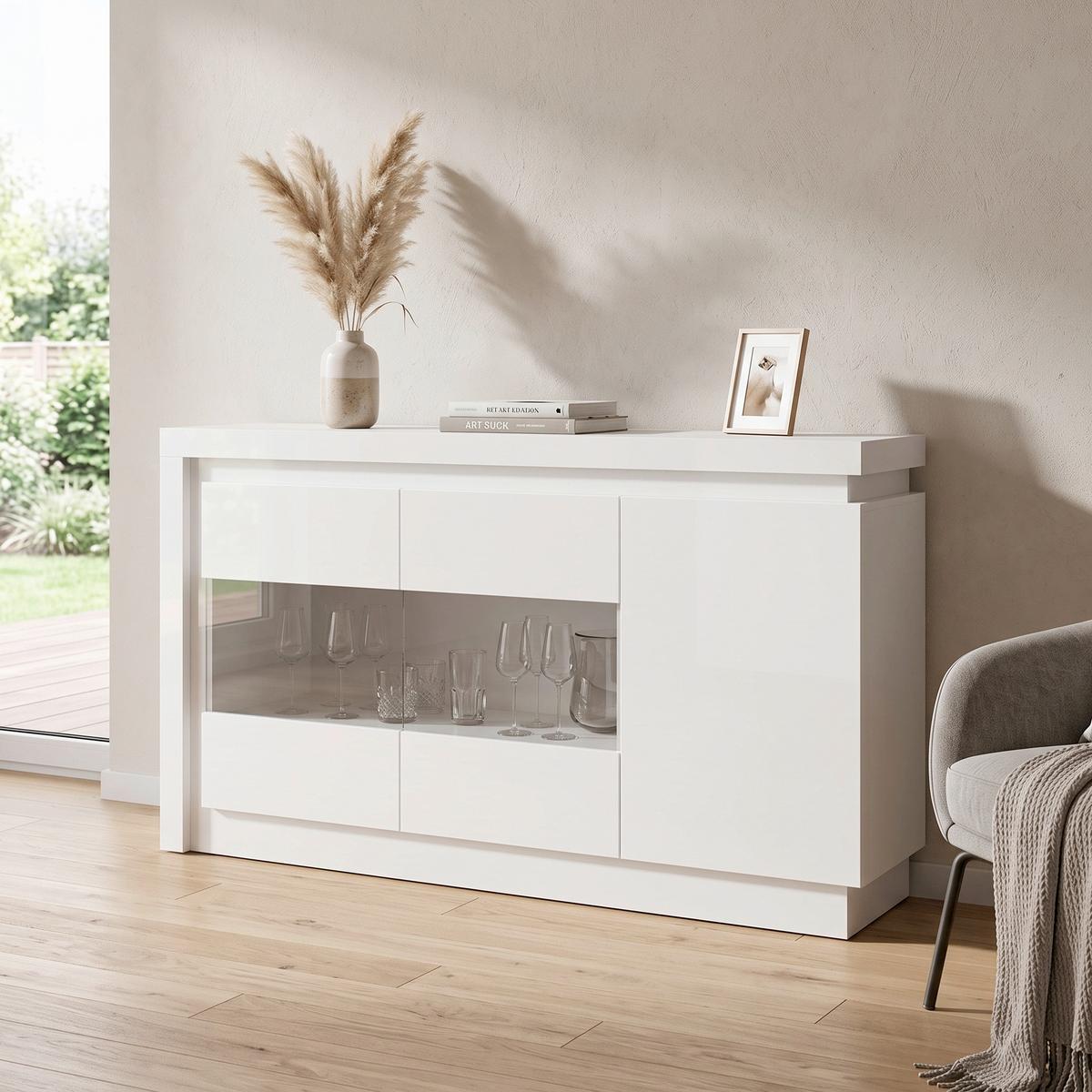 SIDEBOARD LYON - Weiß Hochglanz/Weiß, Trend, Glas/Holzwerkstoff (157,6/89,1/42cm)