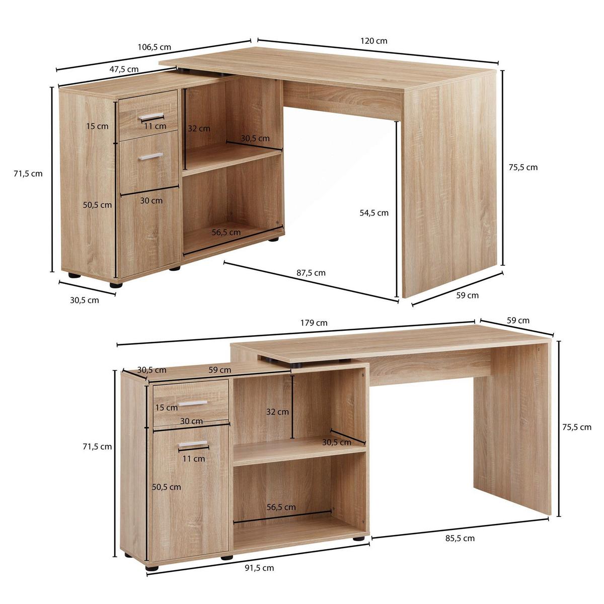 Schreibtischkombination B 120  H 75,5 Wohnling Eiche - Sonoma Eiche, MODERN, Holzwerkstoff (106,5/120/75,5cm) - MID.YOU