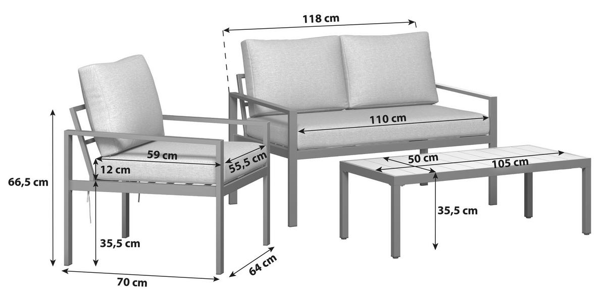 Loungegarnitur Zamora aus Stahl mit Kissen - Graubraun/Beigebraun, MODERN, Textil/Metall - Beldano