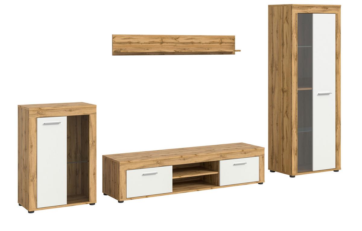 Wohnwand Jam Eiche Wotan Dekor B: 310cm - Eiche Wotan/Schwarz, Design, Glas/Holzwerkstoff (310/169/35cm) - MID.YOU