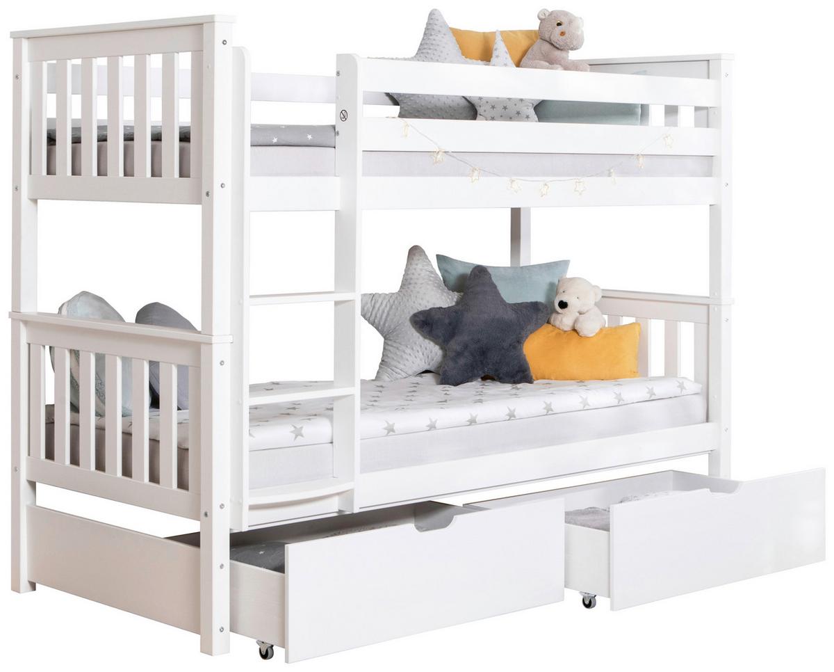 Etagenbett Sammy Weiß Kiefer Massiv 90 cm mit Schubladen - Weiß, MODERN, Holz (90/200cm) - MID.YOU
