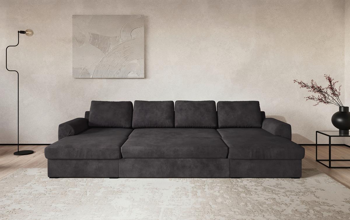 Wohnlandschaft m. Bettfunktion Mikrofaser schwarz, B: 327cm - Schwarz, Trend, Textil (154/327/86cm) - MID.YOU