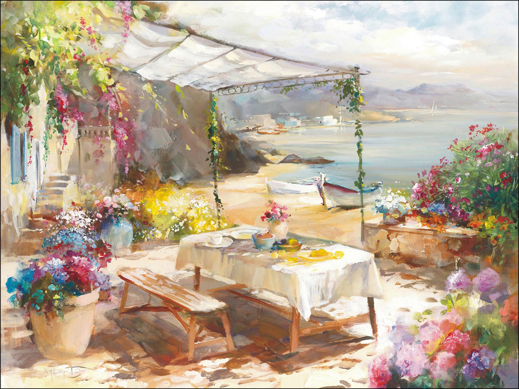 Leinwandbild Whisper Of Summer Aquarellstil 77x57 Cm - Blau/Beige, Basics, Holzwerkstoff (77/57/2cm)