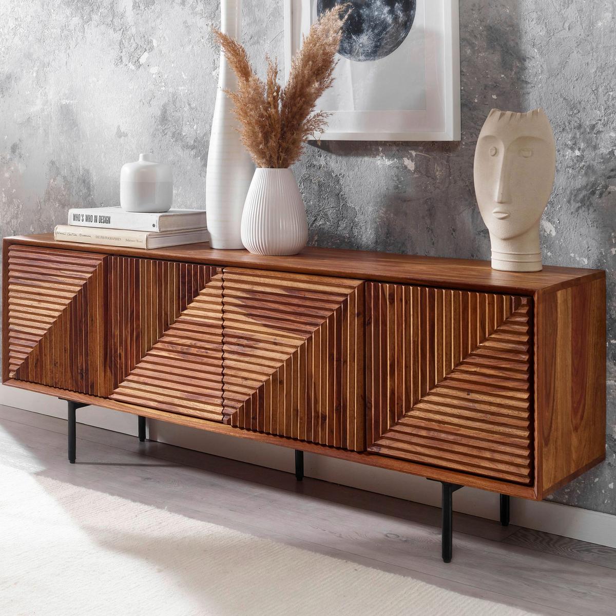 Sideboard Sheesham Sheeshamfarben B: 140 Cm - Sheeshamfarben/Schwarz, Design, Holz (140/54/33cm) - MID.YOU