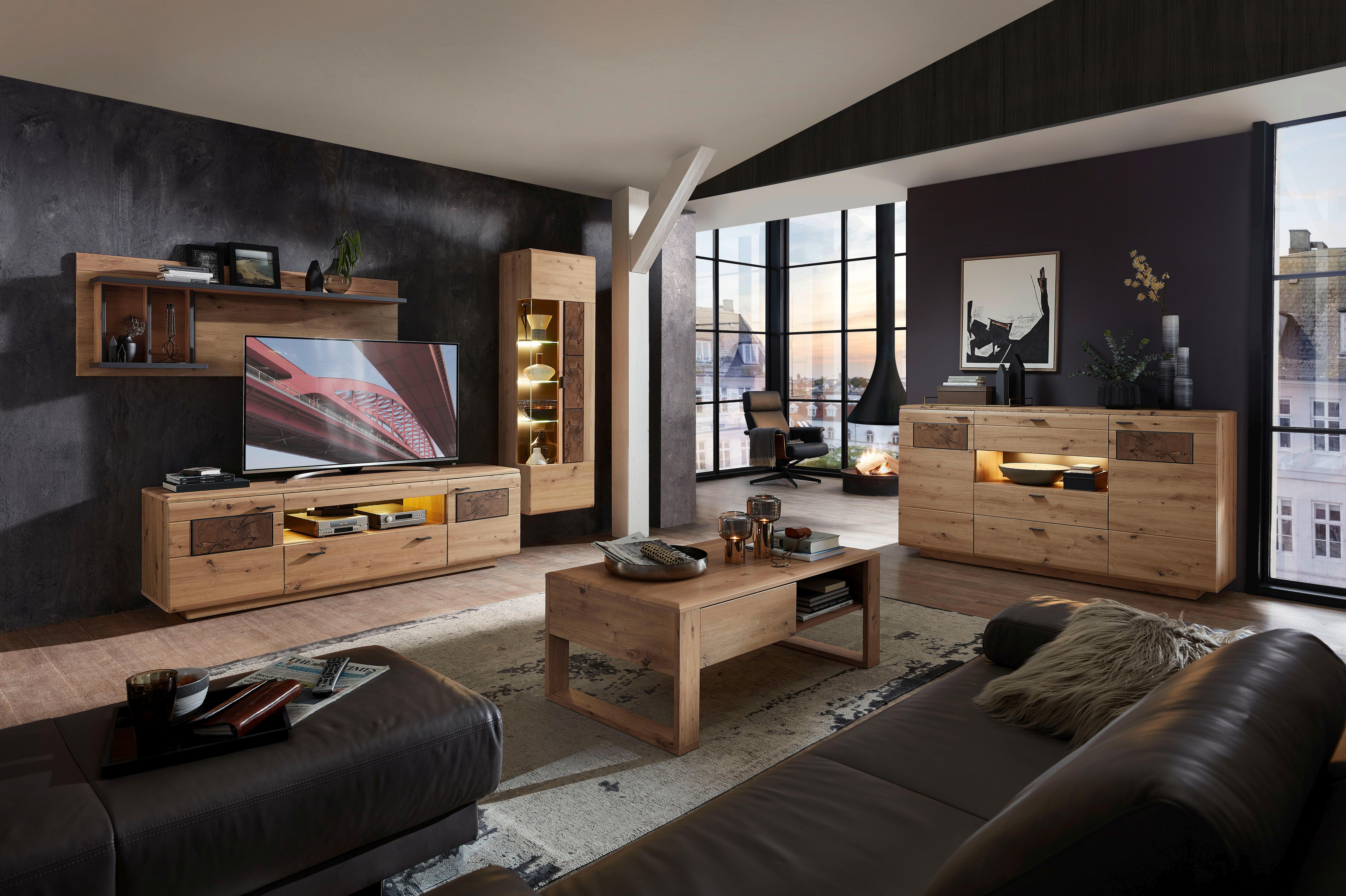 Wohnwand Madera II 40a6hh82 - Eichefarben/Graphitfarben, MODERN, Glas/Holzwerkstoff (285/193/47cm) - Livetastic